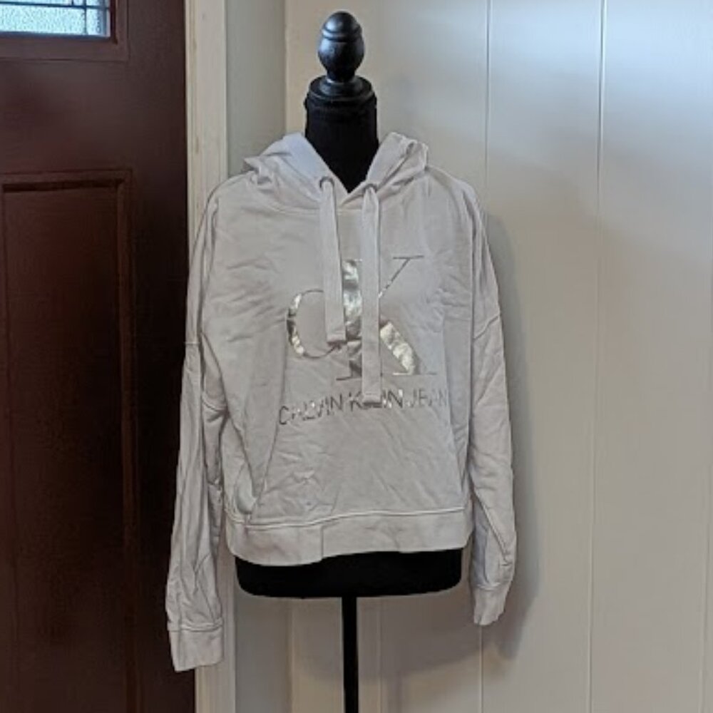 Cropped Style White/Silver Foil Print "Calvin Klein Jeans" Hoodie Size Medium